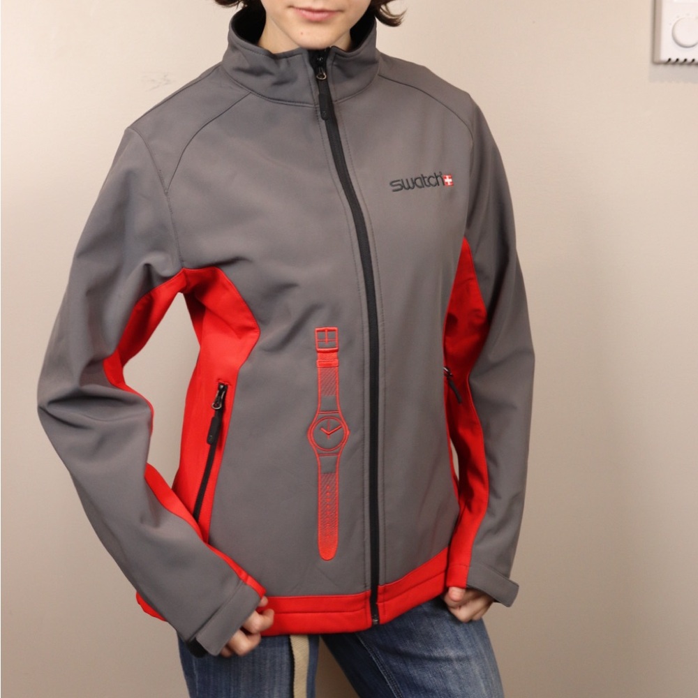 Fersten Swatch Gray Red Fleece Softshell Jacket Watch Back Print M‎